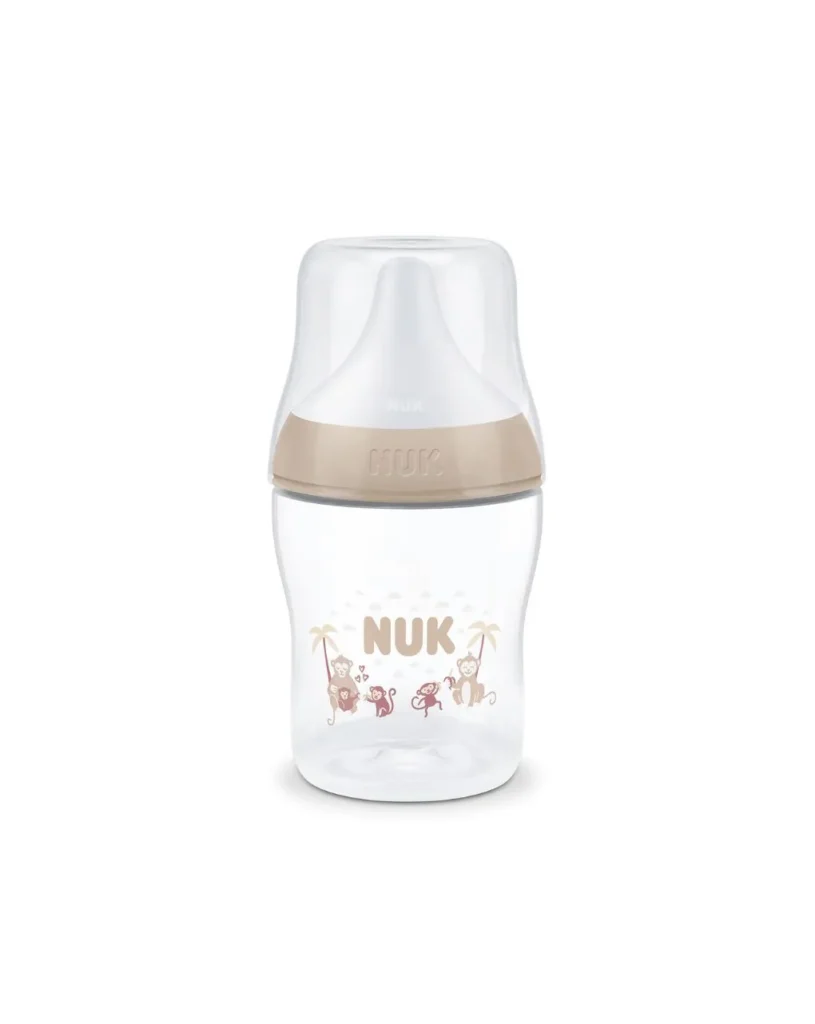 nuk πλαστικό μπιμπερό με θηλή σιλικόνης perfect match temperature control 0m+ 150ml monkey