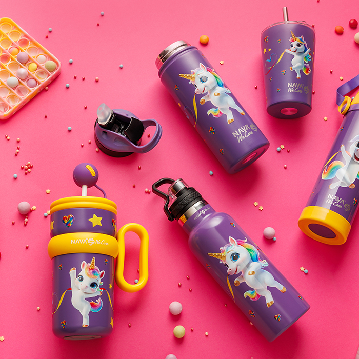 nava Θερμός tumbler παιδικό ανοξείδωτο με πλαστικό καλαμάκι "we care", purple unicorn 540ml