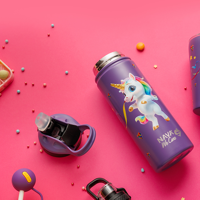 nava Θερμός μπουκάλι ανοξείδωτο με καλαμάκι "we care", purple unicorn 500ml