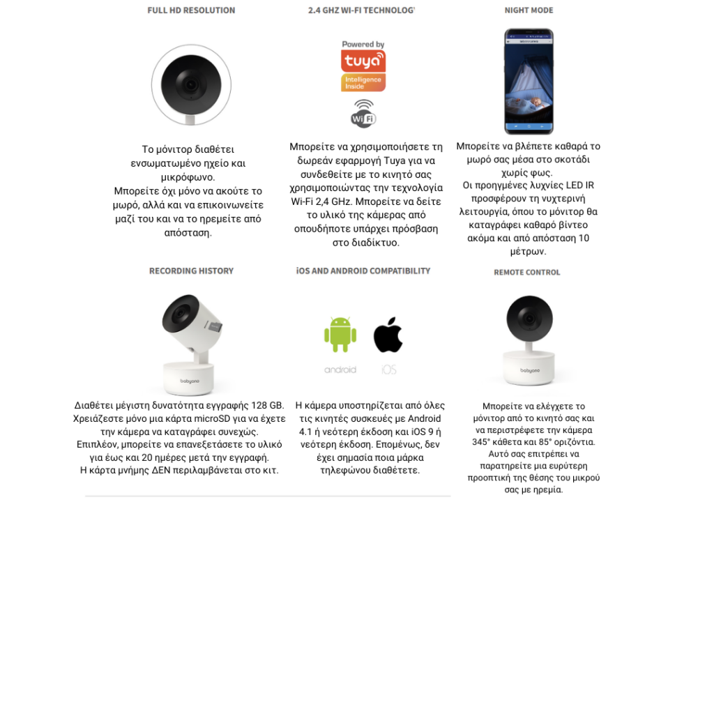 babyono: Περιστρεφόμενη κάμερα/ baby monitor με ενδοεπικοινωνία full hd ανάλυση Νυχτερινή λήψη & καταγραφή Κωδ: bn1514
